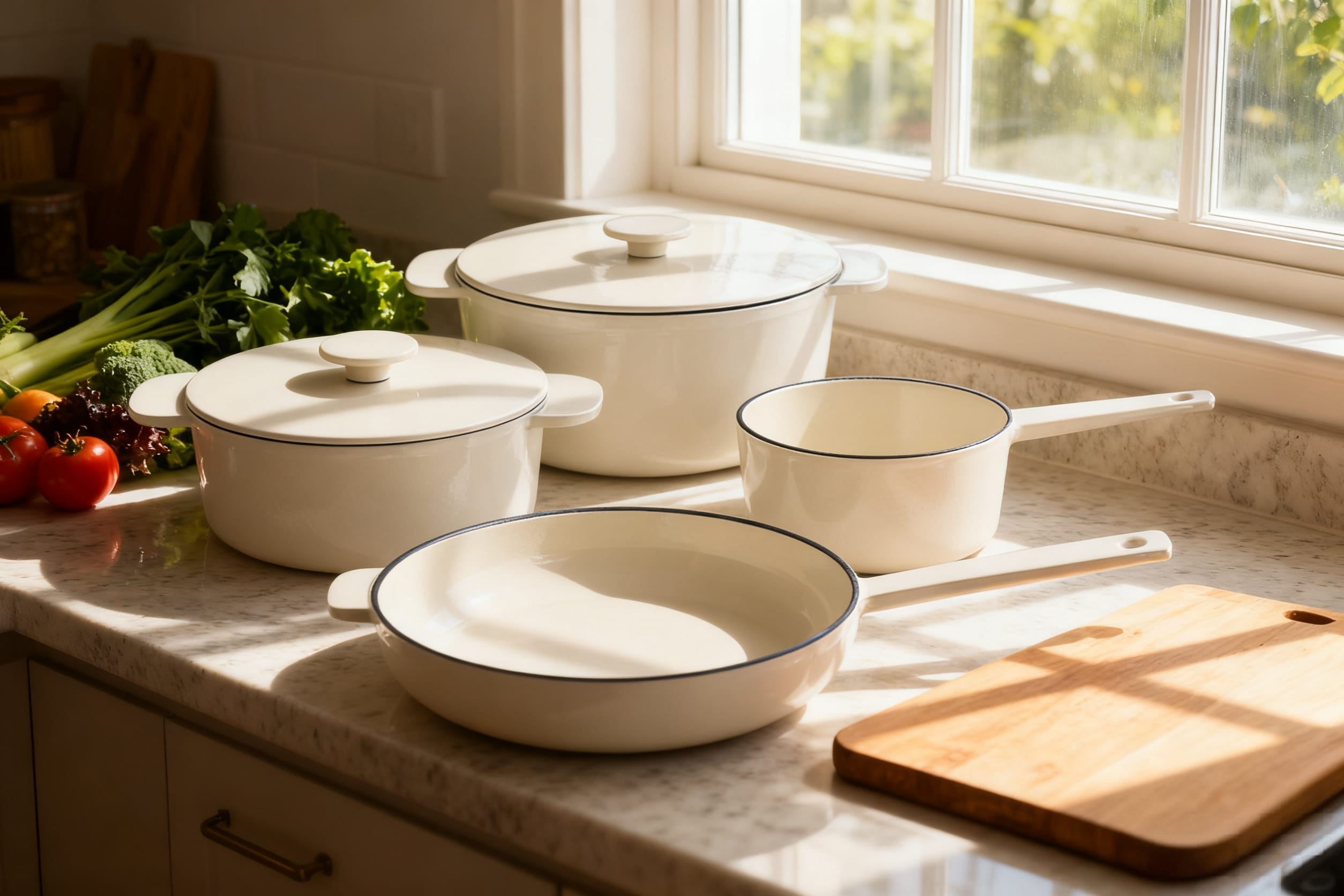Set vase fontă Anden – 6 piese, email crem