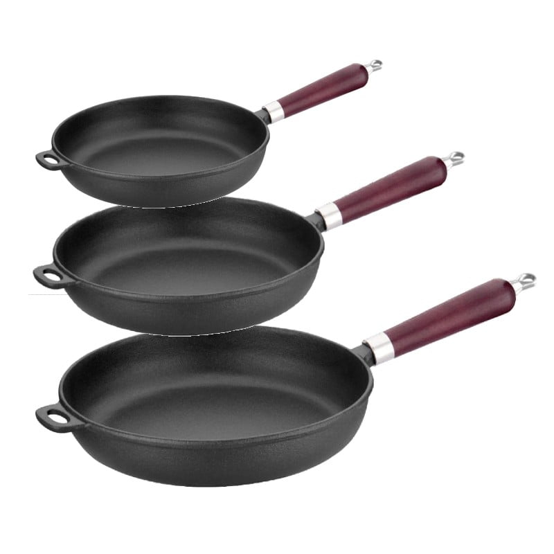 Set 3 tigai de fonta cu maner de lemn