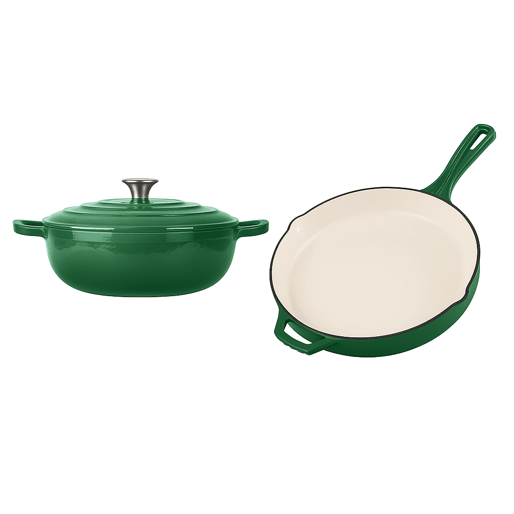 Set cratita si tigaie fonta emailata verde smarald