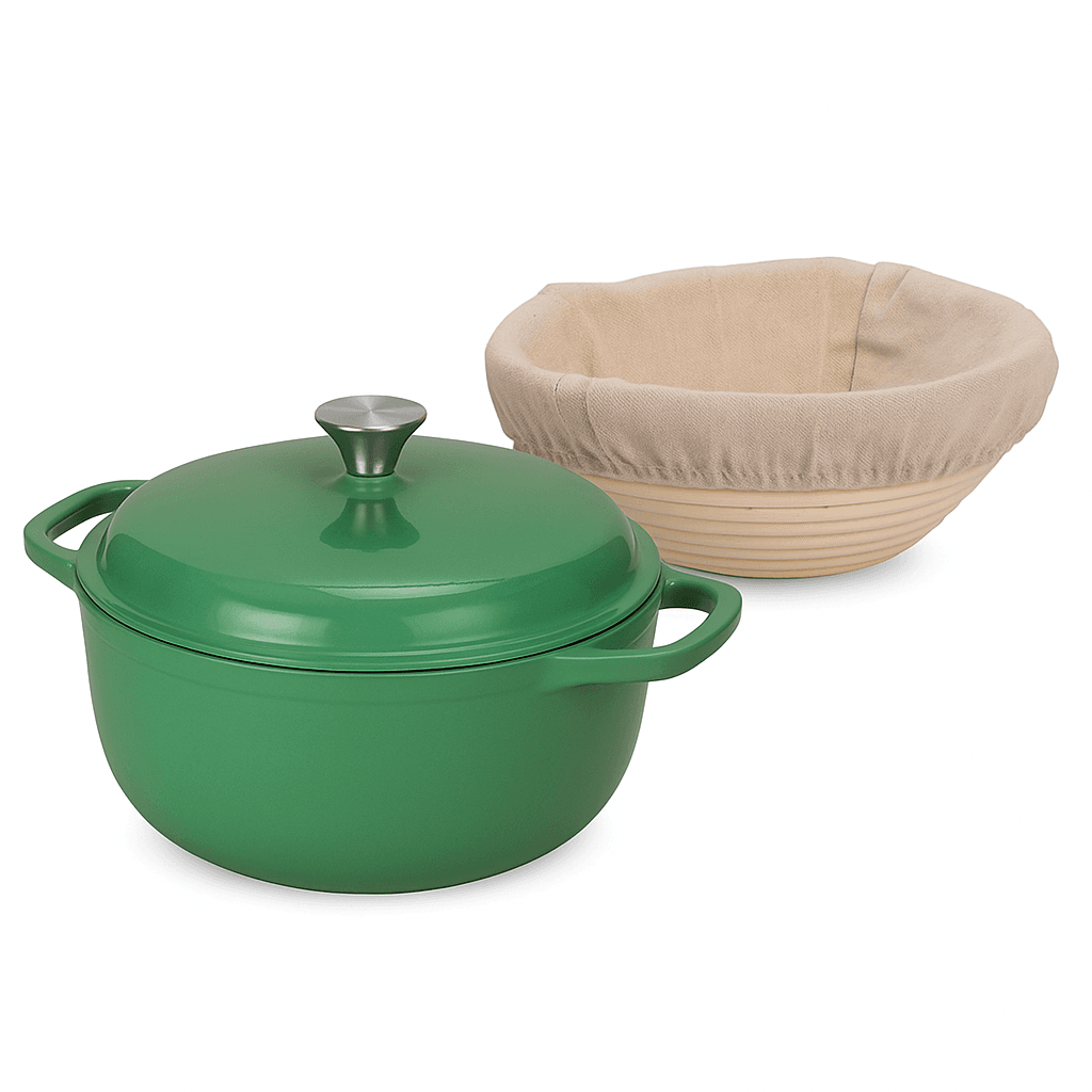 Oala fonta emailata verde smarald 6 litri + cos ratan 25 cm diametrul