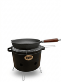 Grătar Portabil Compact Ø33cm + Tigaie din Fontă Natur cu Mâner de Lemn (24cm)