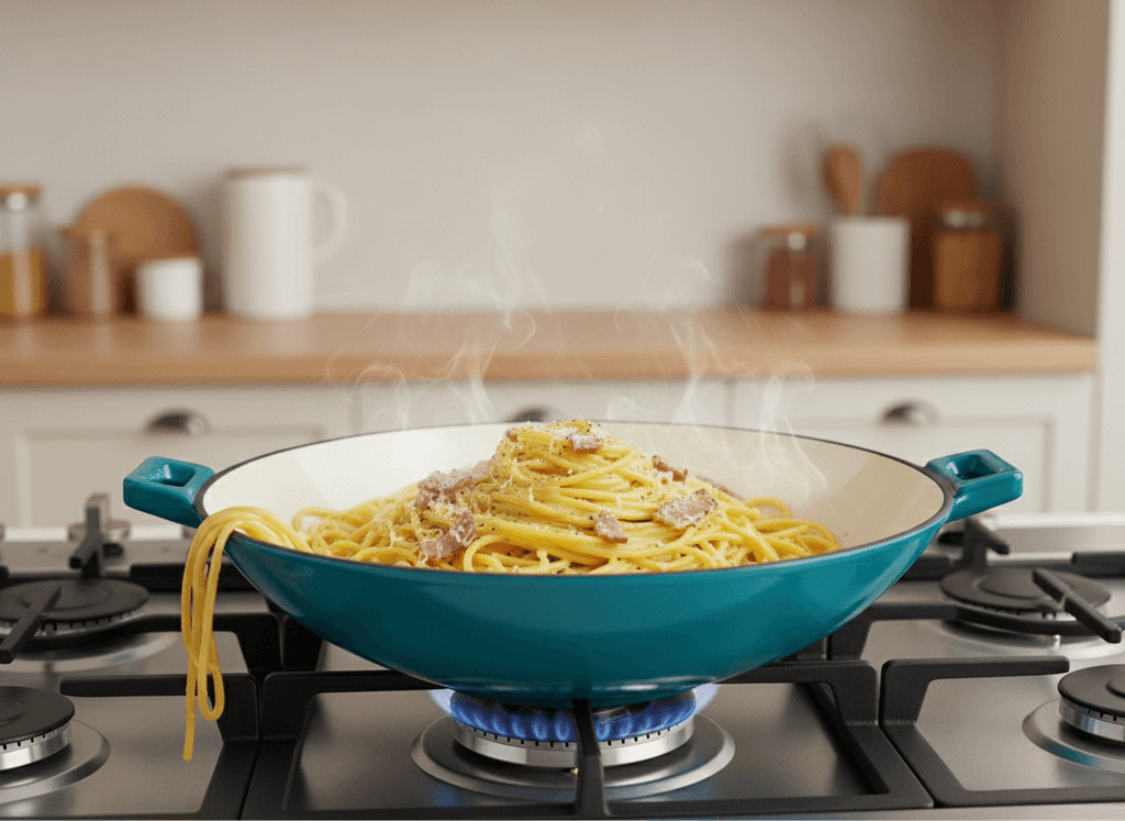 Wok fonta emailata 37 cm turcoaz