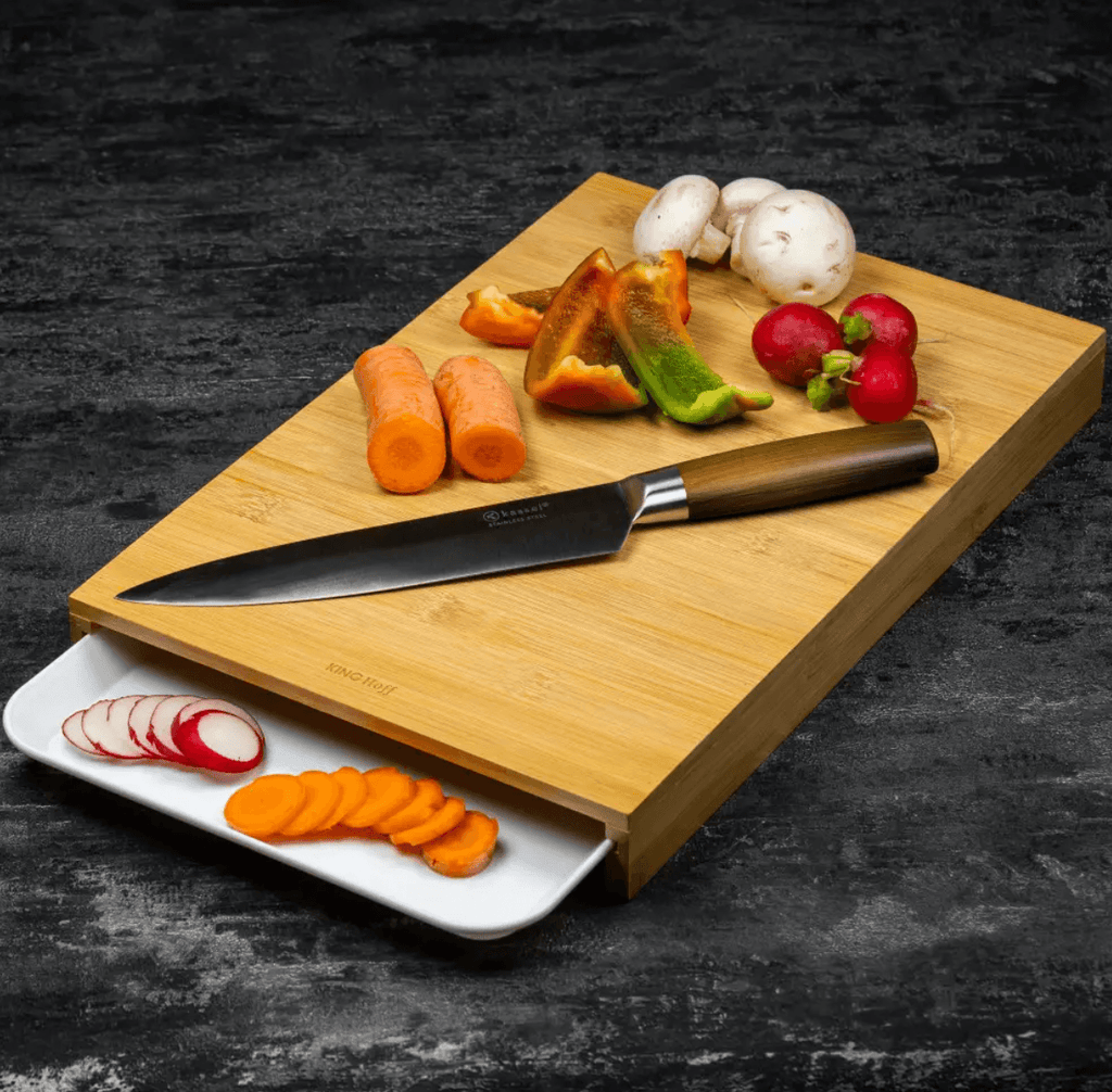 Tocator alimente cu tavita Kinghoff  38 cm, Tava mobila plastic, Bambus