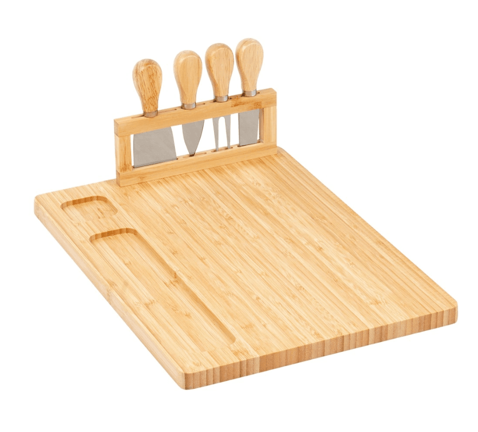 Set elegant pentru servirea brânzeturilor din bambus, cu 4 cuțite – 5 piese