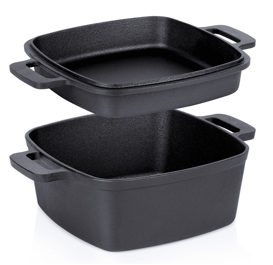 Oală cu capac din fontă forma patrata 2 în 1 - 25 cm, 4,5 l / 1,8 l.