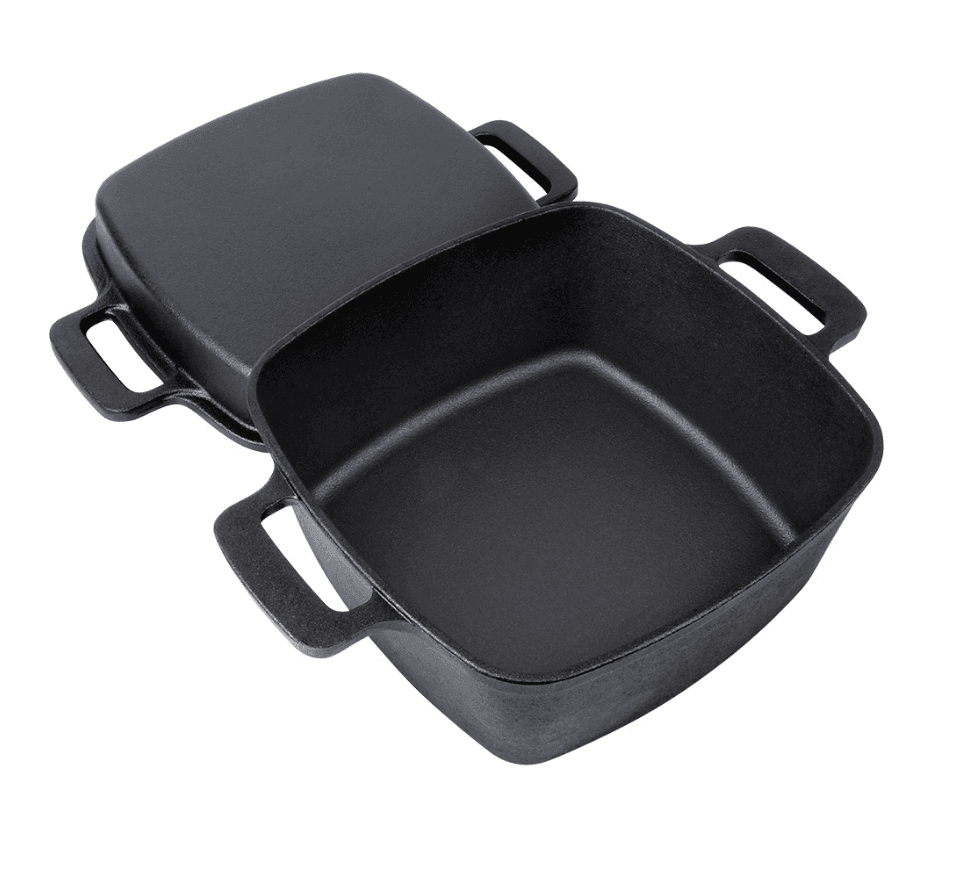 Oală cu capac din fontă forma patrata 2 în 1 - 25 cm, 4,5 l / 1,8 l.