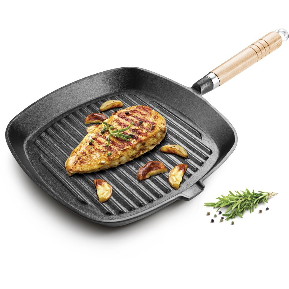 Tigaie grill LM 24x24 cm cu maner de lemn
