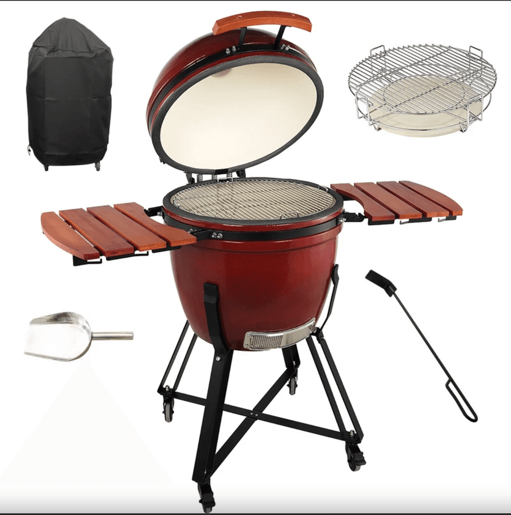 Grătar Ceramic Kamado Dave Bordo Premium Line, Diametru 60 cm (Grilaj 50 cm), cu Suport și Mese Laterale