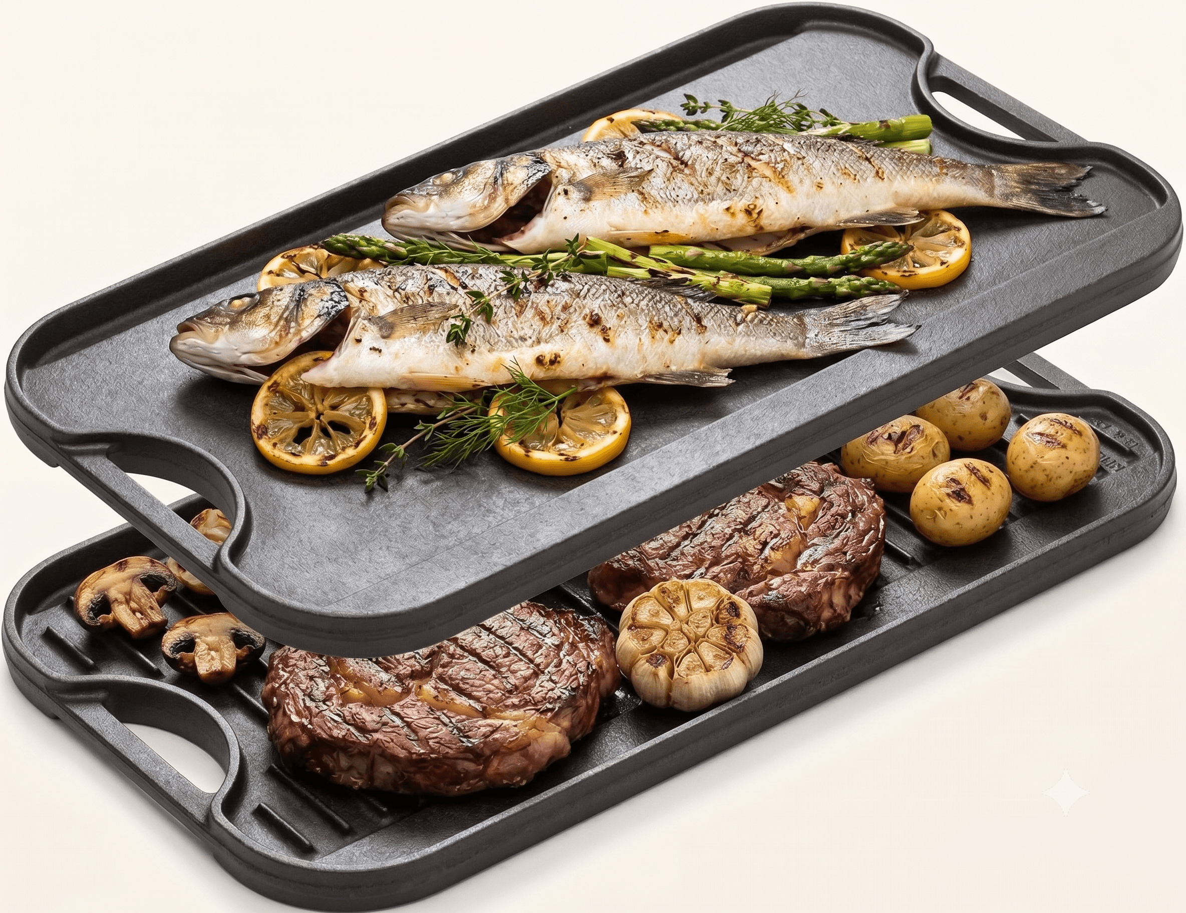 Set Duet: 2 x Plită / Tavă Grill Reversibilă din Fontă, 51x26 cm